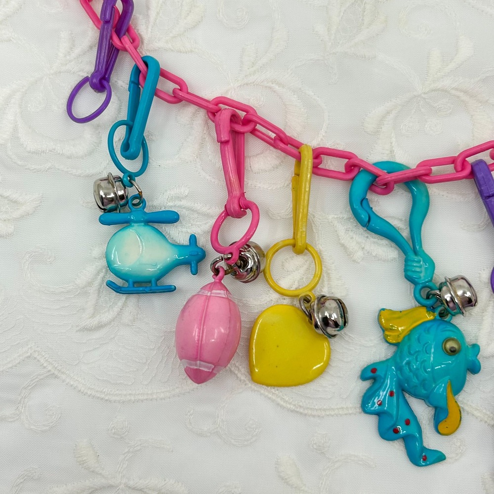 Vintage 80s Plastic Charms Clip and Bell Necklace Pink Chain Funky Colorful Toy - Picture 12 of 13
